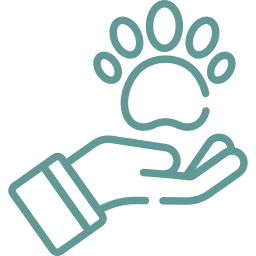 A simple teal outline of a human hand facing upward with a large animal paw print above it, symbolizing the compassionate care and support provided by a veterinarian.