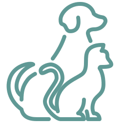 A simple line drawing of a dog and a cat sitting side by side, both facing to the right—perfect for illustrating in home euthanasia or mobile vet services.