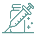 Line drawing of a vaccine vial and syringe with sparkles, representing veterinary care such as vaccination or in home euthanasia by a vet near me.