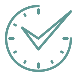 A teal outline of a clock with tick marks and a large checkmark integrated into the design, symbolizing time management or task completion—perfect for a mobile veterinarian highlighting prompt, reliable vet services.