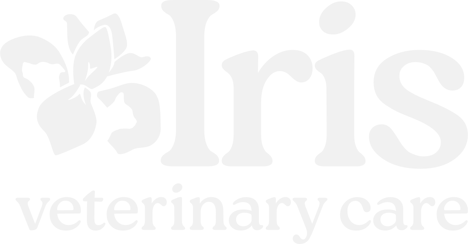 Logo for "Iris Veterinary Care" featuring an iris flower and animal silhouettes to the left of “Iris.” The words “veterinary care” appear below, highlighting compassionate mobile veterinarian and in home euthanasia services.